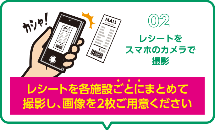 【02】レシートをスマホのカメラで撮影
※レシートを各施設ごとにまとめて撮影し、画像を2枚ご用意ください